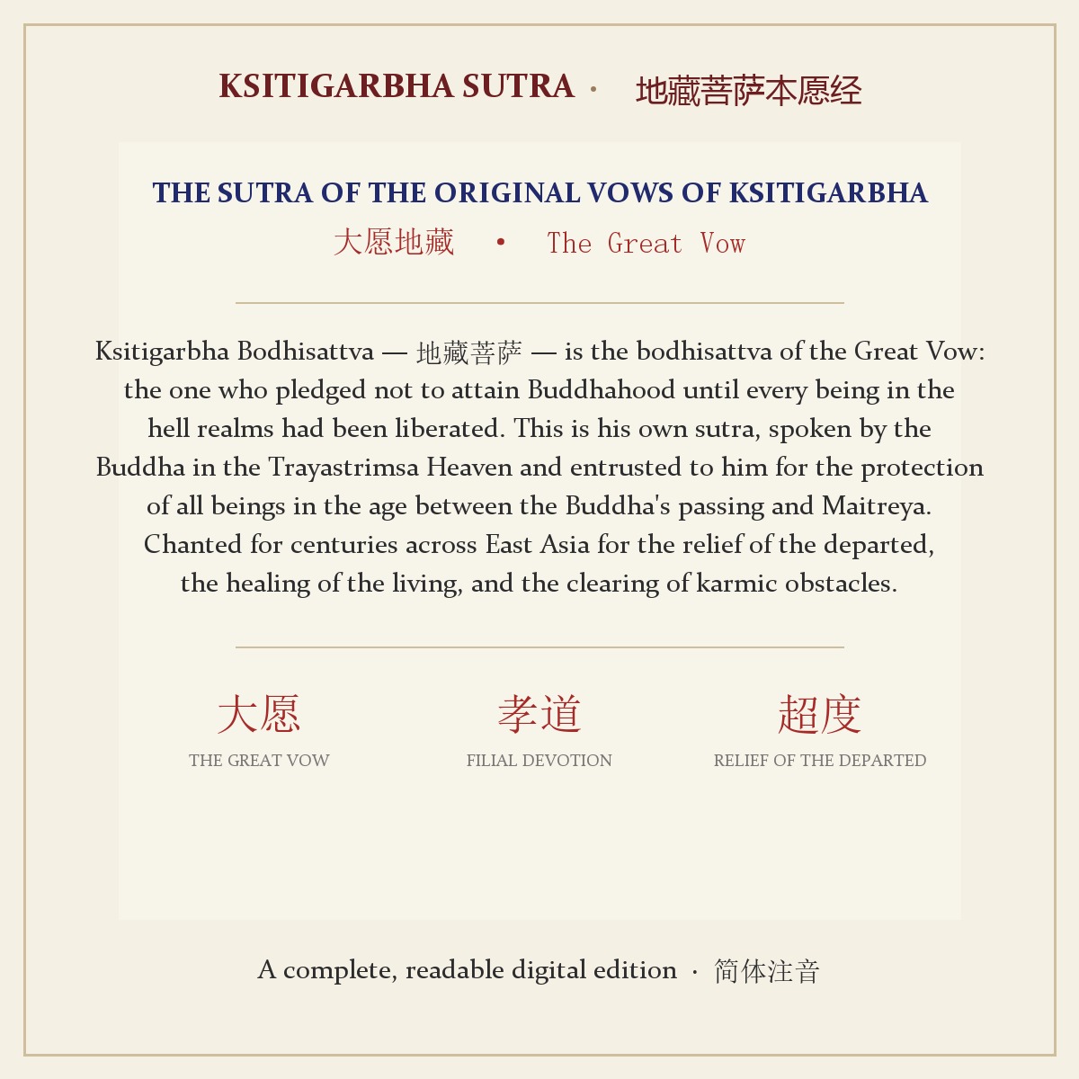 Ksitigarbha Sutra (Kṣitigarbha Bodhisattva Pūrvapraṇidhāna Sūtra) — Complete 13-Chapter Edition with Pinyin, Instant PDF Download