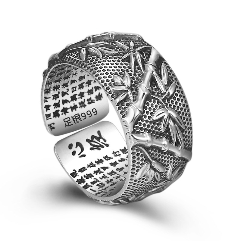 Ethnic Buddha Custom Adjustable Ring 100% S999 Sterling Silver jewelry Men Rich bamboo Lucky Scripture Mantra LOVE Ring R12