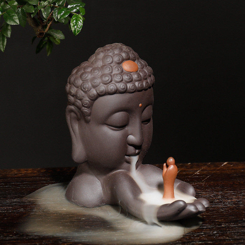 Purple Sand Sandalwood Backflow Incense Burner Decoration Creativity Ask Buddha Zen Meaning Buddha Head Handicraft Backflow Incense Burner Decoration