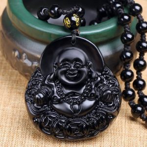 Obsidian Big Belly Buddha Statue Maitreya Buddha Necklace
