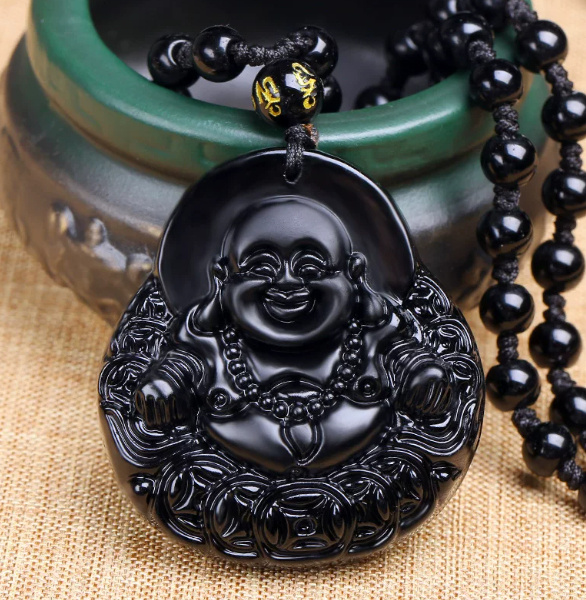 Obsidian Big Belly Buddha Statue Maitreya Buddha Necklace