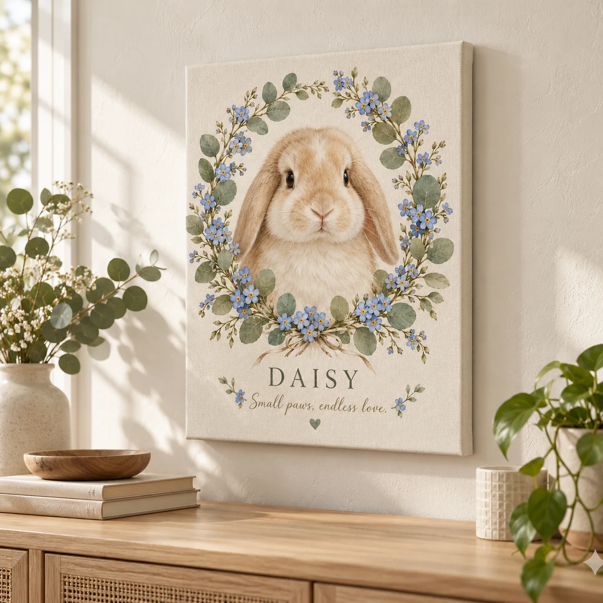 Botanical pet canvas in a home setting — design visualization