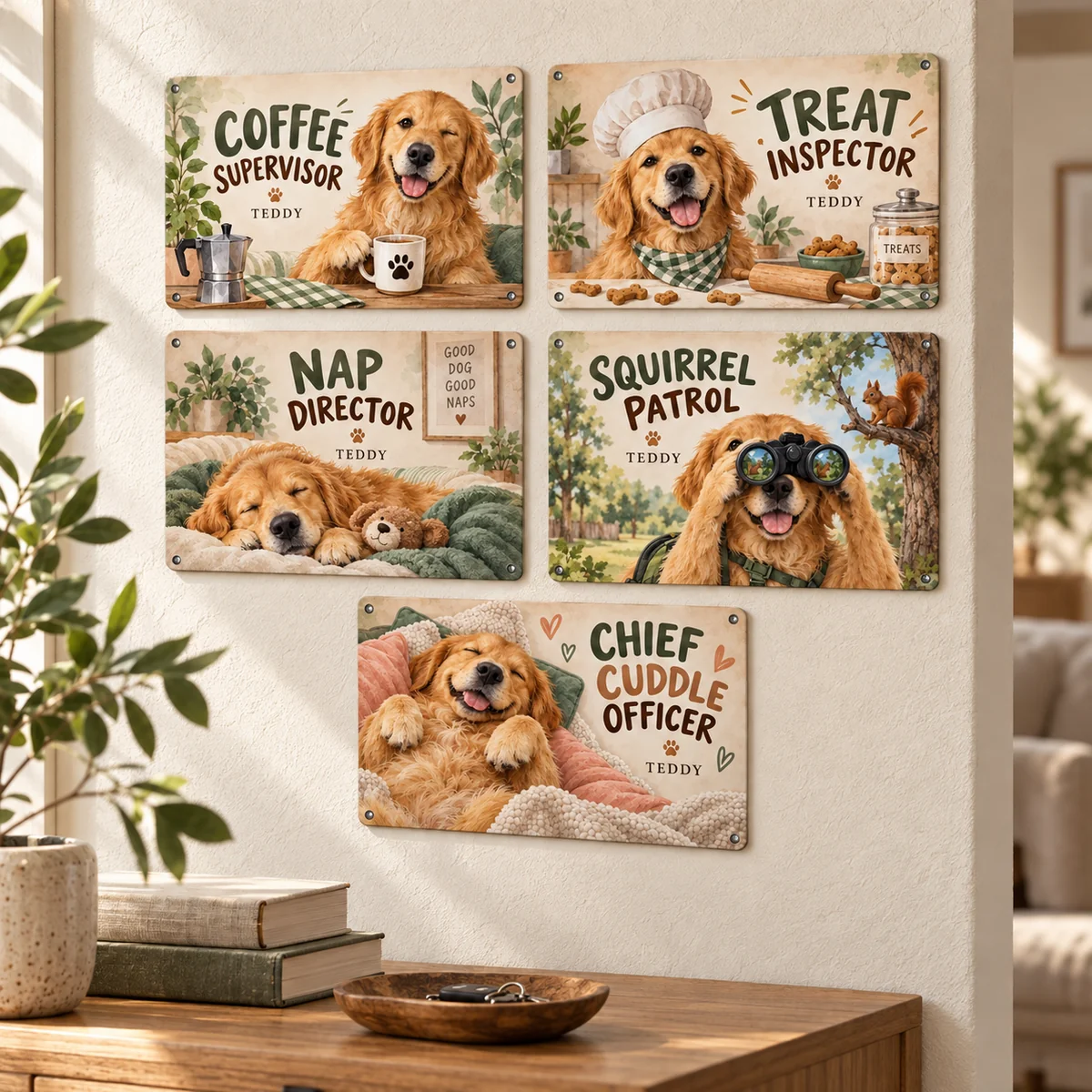 Five personalized pet aluminum signs in a home setting — design visualization