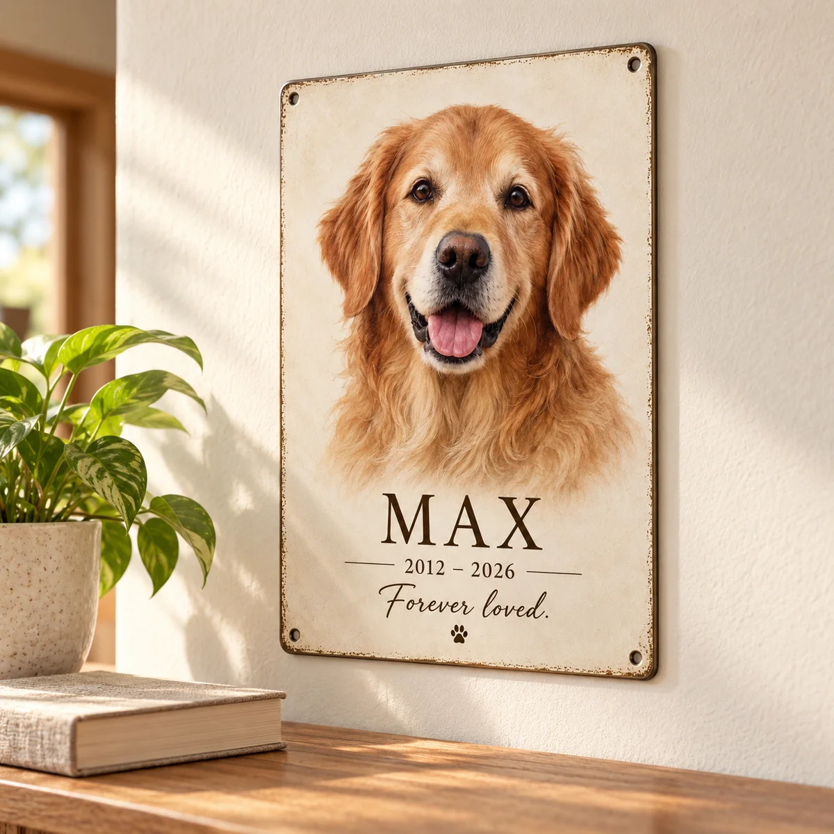 Personalized pet memorial tin sign in a home setting — design visualization
